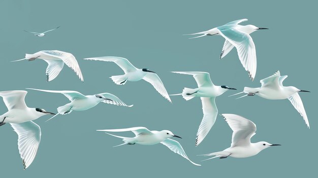 A flock of seabirds is flying in the sky The birds are white with black markings on their wings and heads They are flying in a Vformation