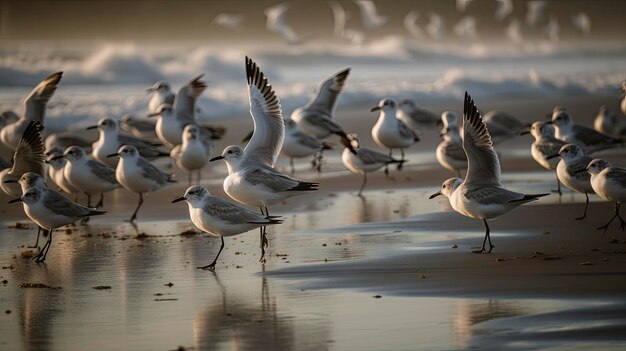 A flock of seagulls are on the beach and one of them is flying.