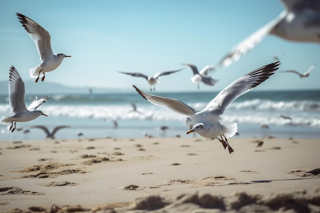 A flock of seagulls fly over the sand on a beach