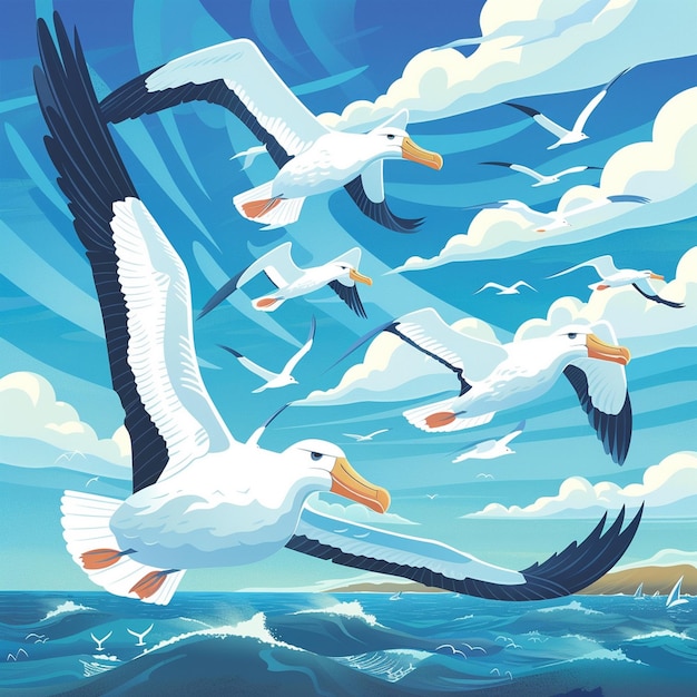 Стадо чайков, летящих над океаном Всемирный день альбатроса