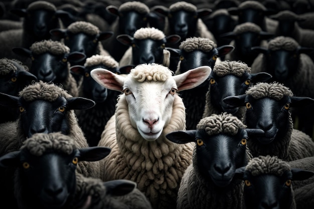 羊の群れが近くに立っており一匹の羊がカメラを見つめている