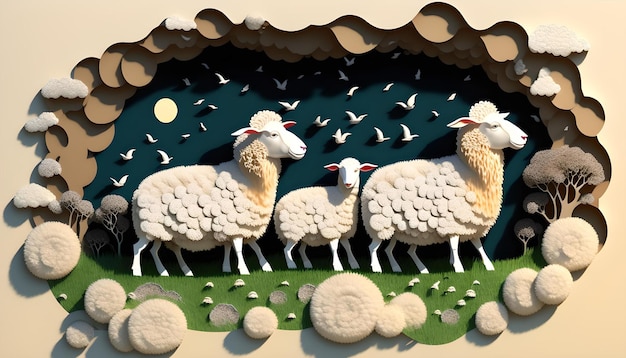 A flock of sheep are standing in front of a wall with a moon in the background.