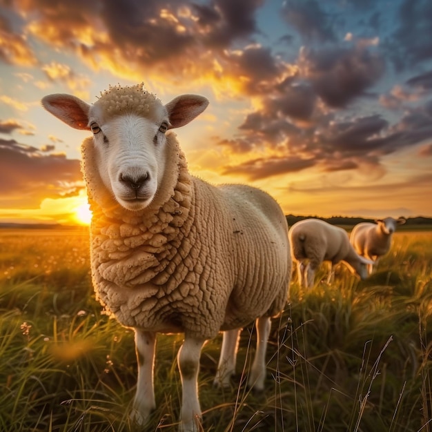 A flock of sheep graze on a meadow in the mountains