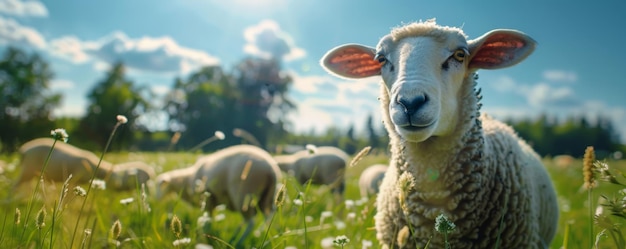 A flock of sheep graze on a meadow in the mountains