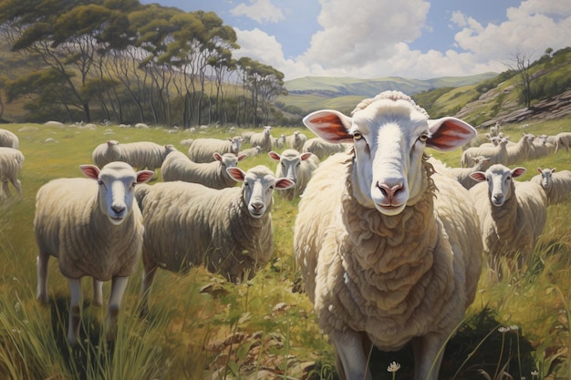 白い羊毛のイラストで野原で放牧する羊の群れ AI世代