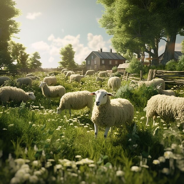 Photo flock of sheep grazing in the meadow in the village ai generated