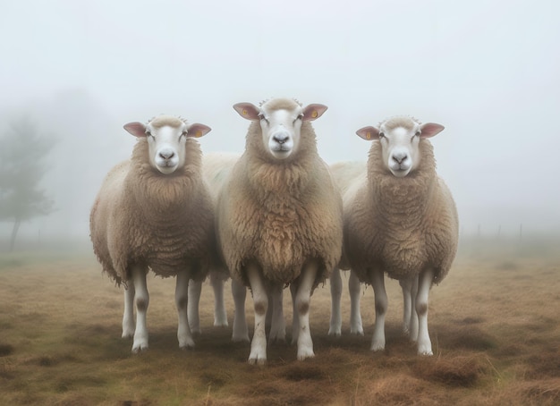 flock of sheep herd in a misty field in Scotland