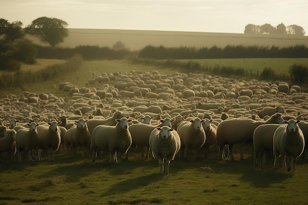 A flock of sheep is standing in a field with a tree in the background.