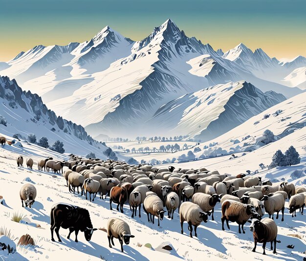 a flock of sheep in the mountains