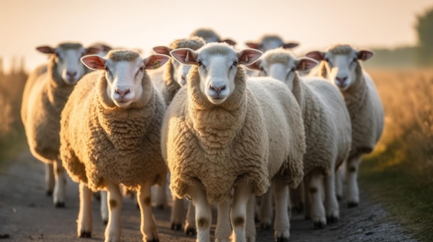 Flock of sheep staring in the same direction Generative ai