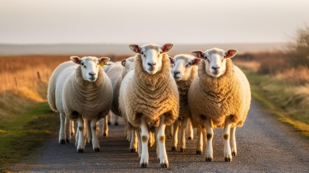 Flock of sheep staring in the same direction Generative ai