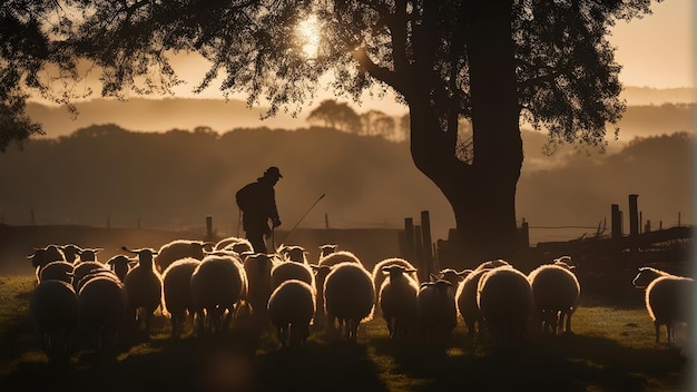 a flock of sheep with the sun behind them