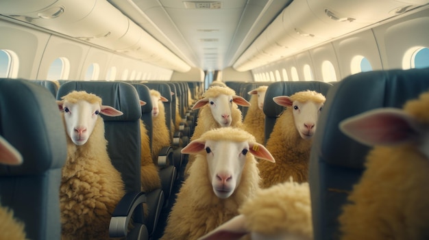 Photo a flock of sheeps inside a commercial airplane
