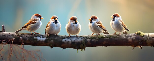 Flock of tree sparrows on the branch in a garden