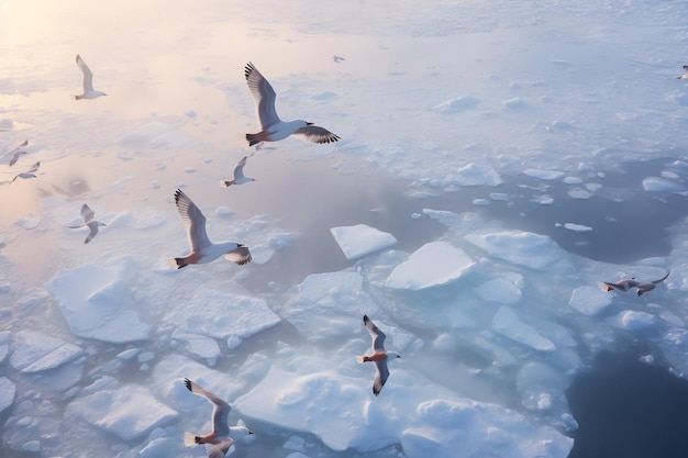 flock of waterfowl migrating in search of warmer places Birds flying above the sea Ecology concept