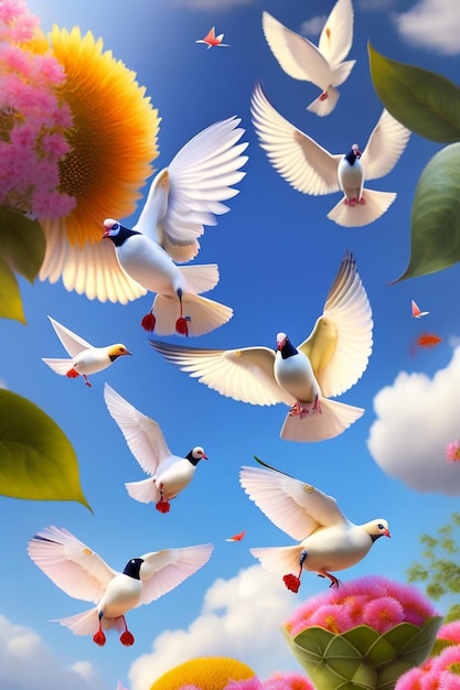 A flock of white birds flying in the sky with one flying in the air