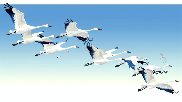 A flock of white cranes is flying in a blue sky The cranes are flying in a Vformation