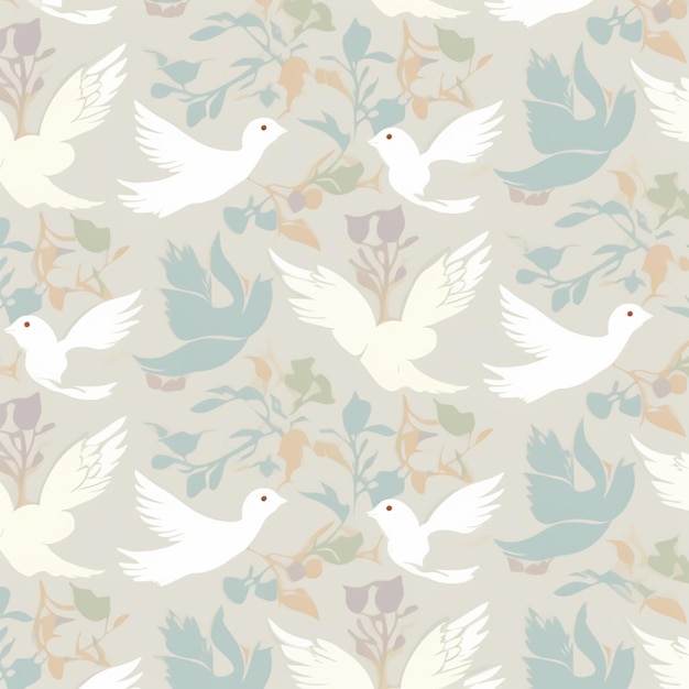 Photo a flock of white doves on a floral background.