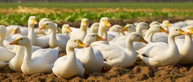 a flock of white ducks standing in a field