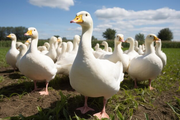 A flock of white ducks standing in a field