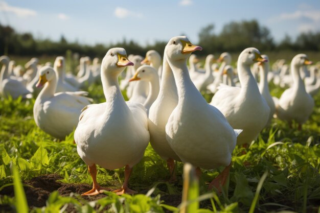 A flock of white ducks standing in a field