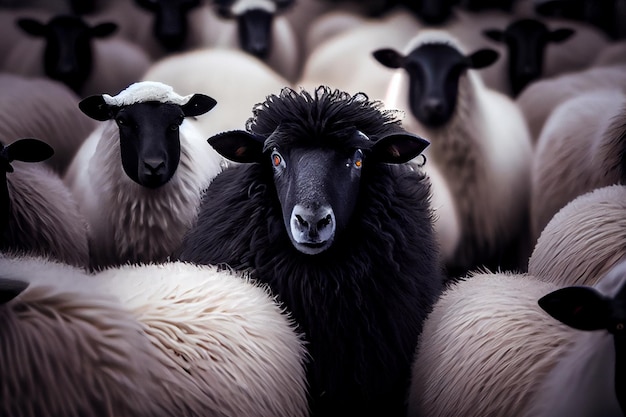 A flock of white sheep with black in the middlegenerative ai