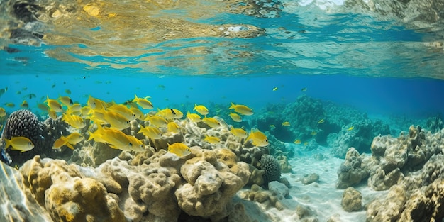 Flock of yellow tropical fishes in the Sea underwater life through coral reefs generative AI