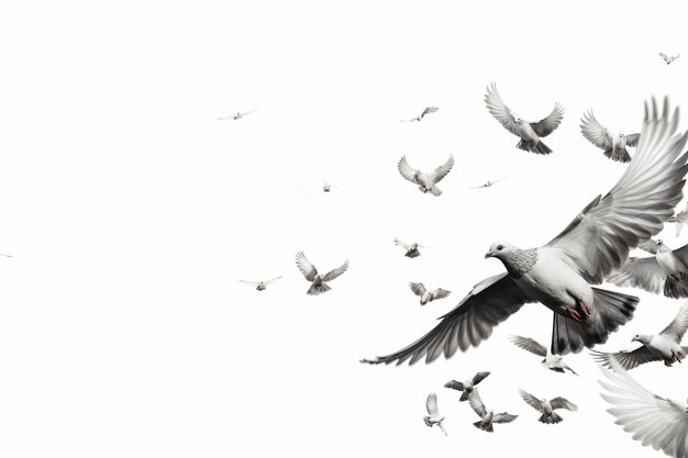 Flocks of flying pigeons isolated on white