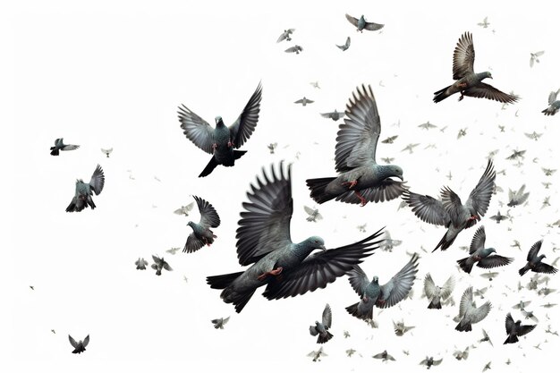 Flocks of flying pigeons isolated on white