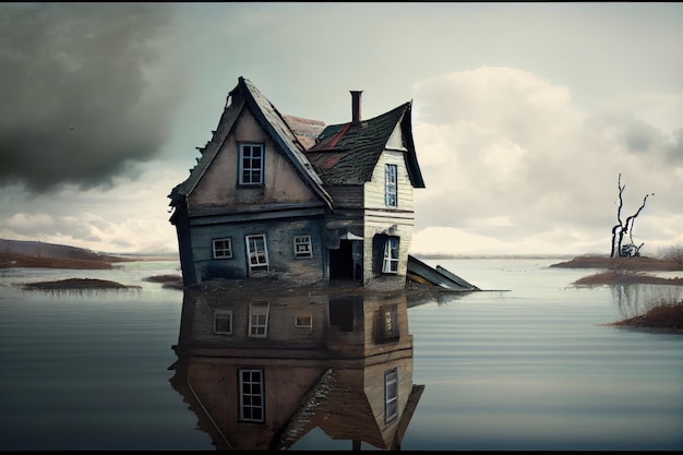 Flood consequences in form of ruined houses filled with water