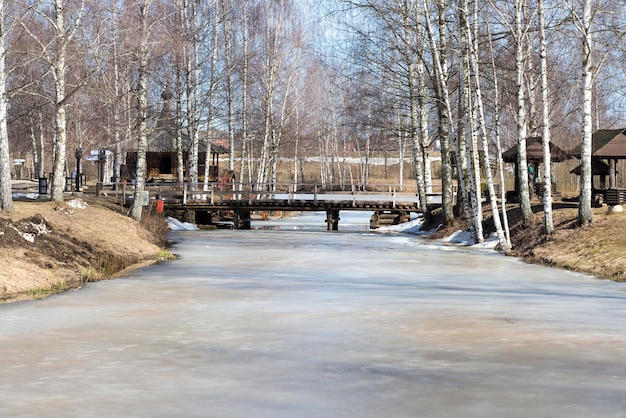 春の日の田舎の洪水