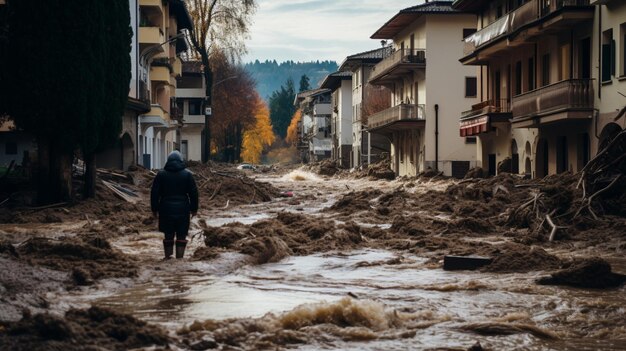 Flood damage in the river bank AI Generative