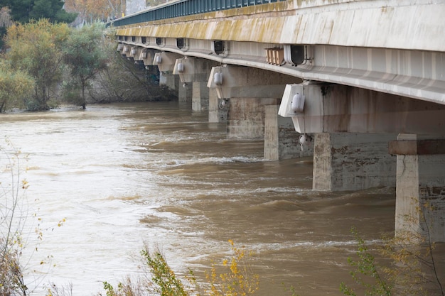 Flood in the ebro riverbridge in the city of zaragozaspain