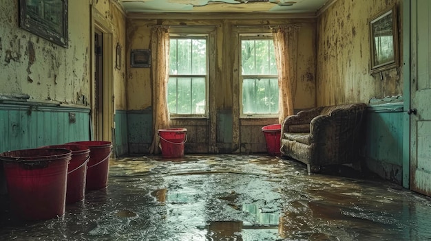 Photo flood flooding in a house apartment burst water pipe water drop splashing on the floor in living