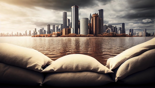 Flood Protection Sandbags with a city in the background with Generative AI Technology
