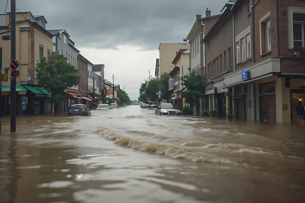 町の洪水 雨の嵐による自然災害