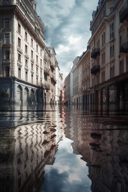 Foto inondazione città abbandonata mondo futuro senza persone effetti post-apocalissi del riscaldamento globale e dei cambiamenti climatici concetto di ia generativa