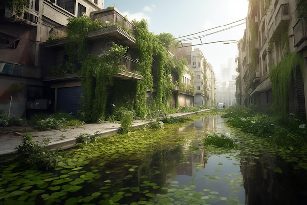 Наводненный заброшенный город будущий мир без людей после апокалипсиса эффекты глобального потепления и изменения климата концепция генеративного ИИ