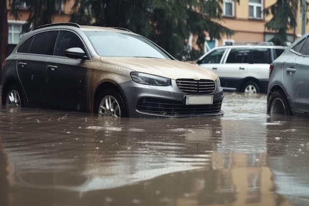 Flooded cars on the street of the city Heavy rain Disaster AI generated