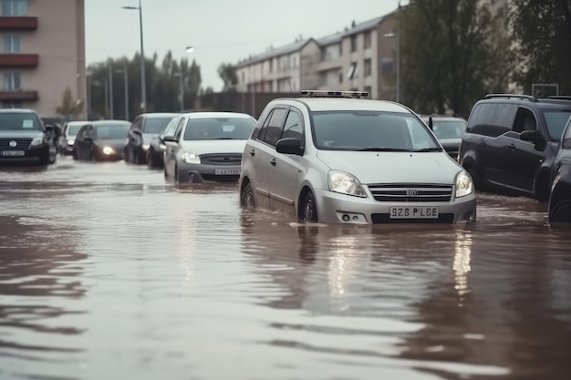 都市の通りで洪水に覆われた車 激しい雨 災害 AI