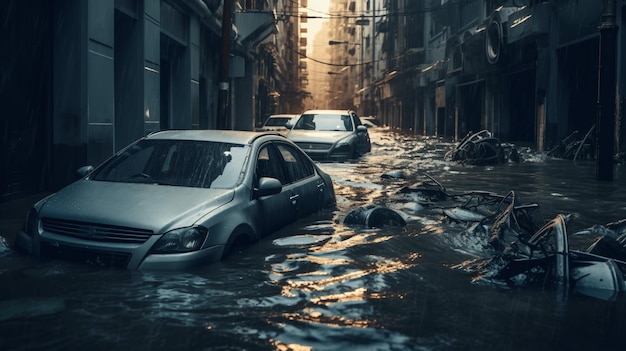 Flooded cars on the street of the city