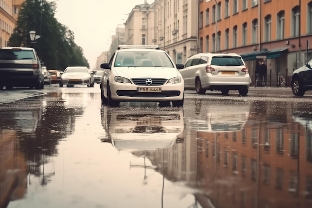 Flooded cars on the street of the city