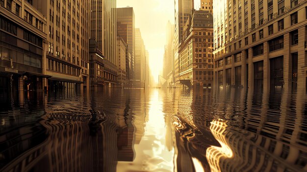 Foto una strada inondata con l'acqua che riflette gli edifici e il cielo