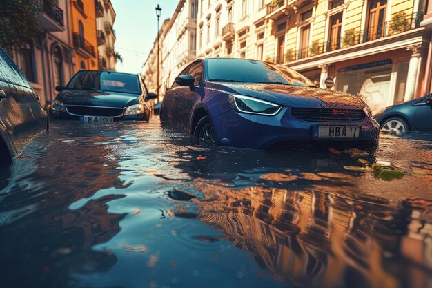 写真 洪水で街が浸水し車も半分水に浸かっています