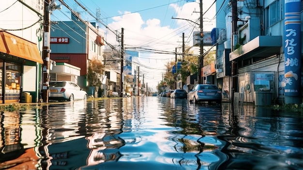 A flooded coastal Japanese city from floods caused by rising sea levels due to the melting of glaciers and ice sheets Consequences of climate change and global warming