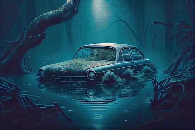 Flooded dangerous forest abandoned car in disaster consequences