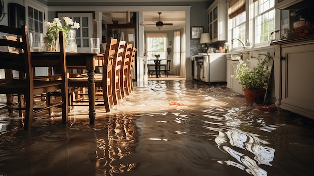 Flooded floor in kitchen from water leak Generative Ai