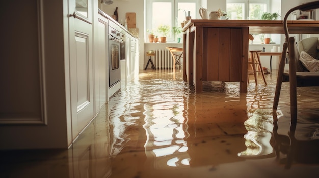 Flooded floor of kitchen from water leakage