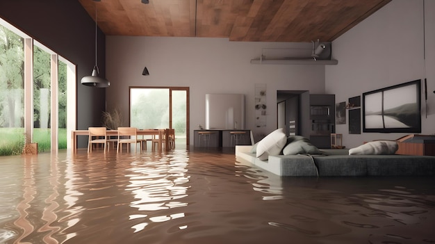 A flooded house with a couch and a couch in the middle of it.