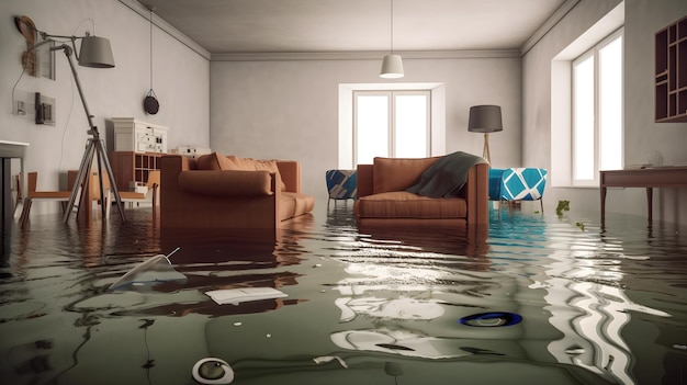 A flooded house with a couch and a lamp on the floor.